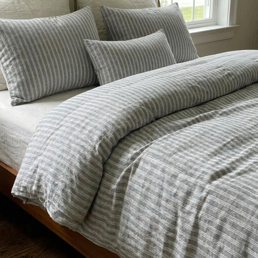 matching grey ticking stripe pillow shams artisan bedding detail