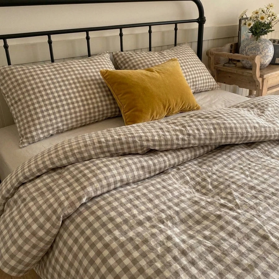 matching mushroom taupe gingham pillow shams vintage check detail