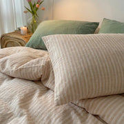 matching pinstripe pillow shams toasted sand duvet cover detail