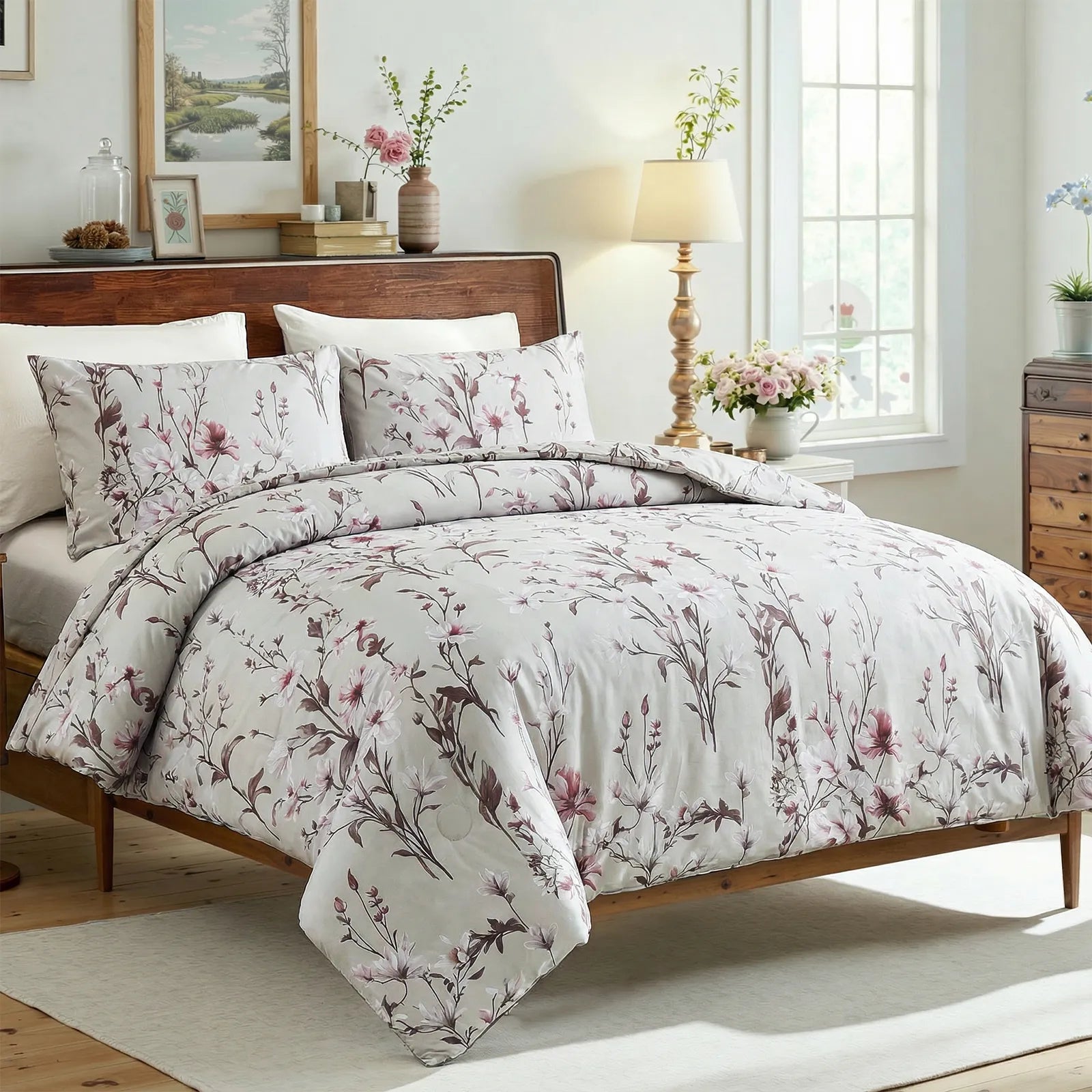 Lifestyle shot of mauve floral bedding