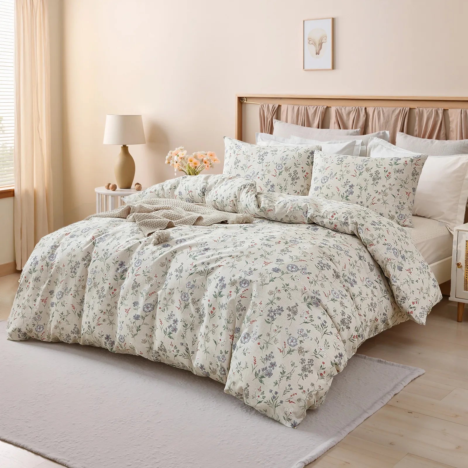 An angled view of the meadow floral comforter set with pillows