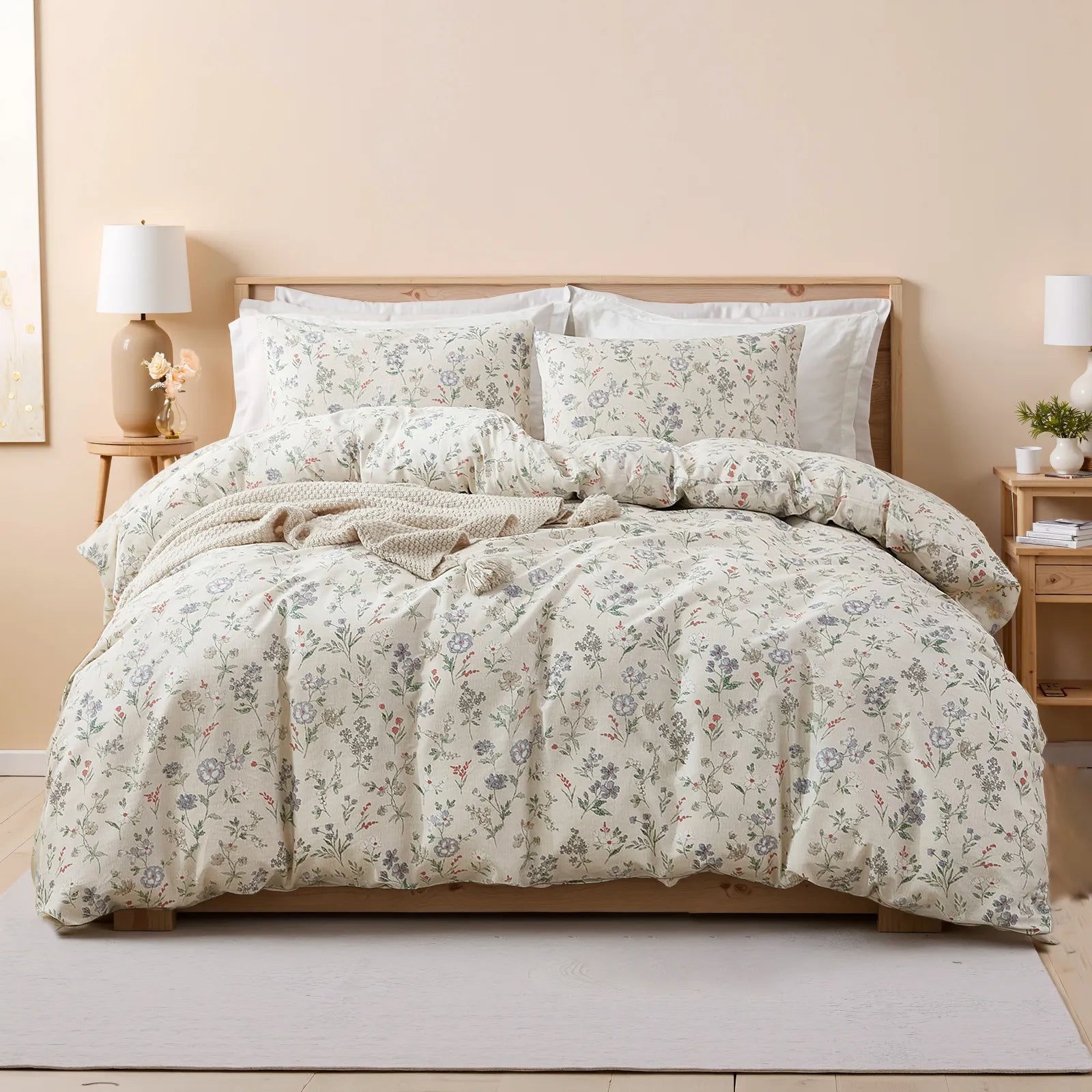 A full shot of the meadow floral comforter set with matching shams