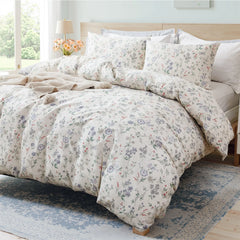 An angled view of the meadow floral duvet cover set with pillows