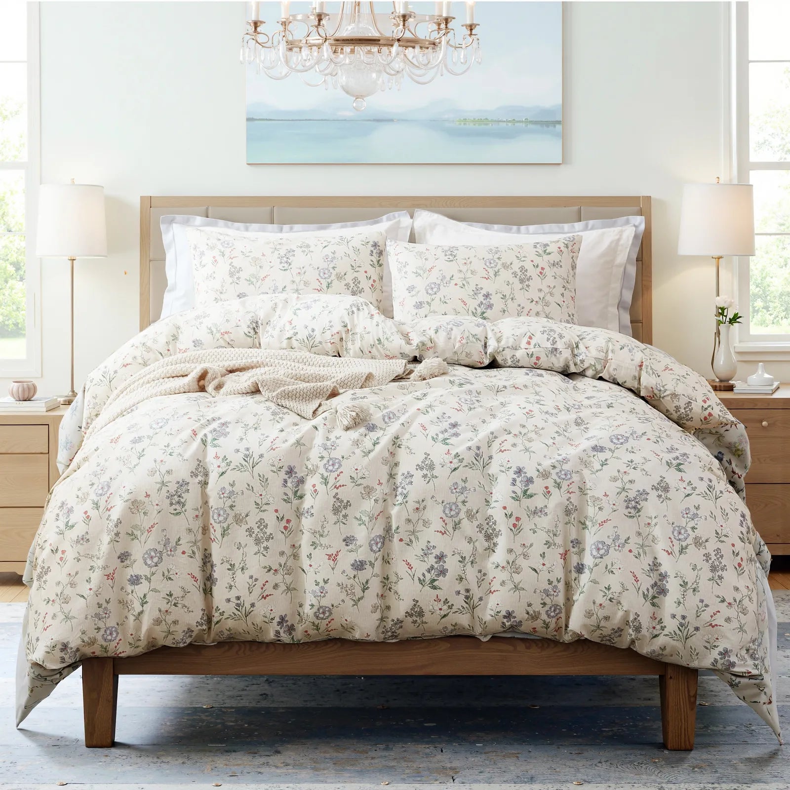 Full view of the meadow floral duvet cover set on a bed