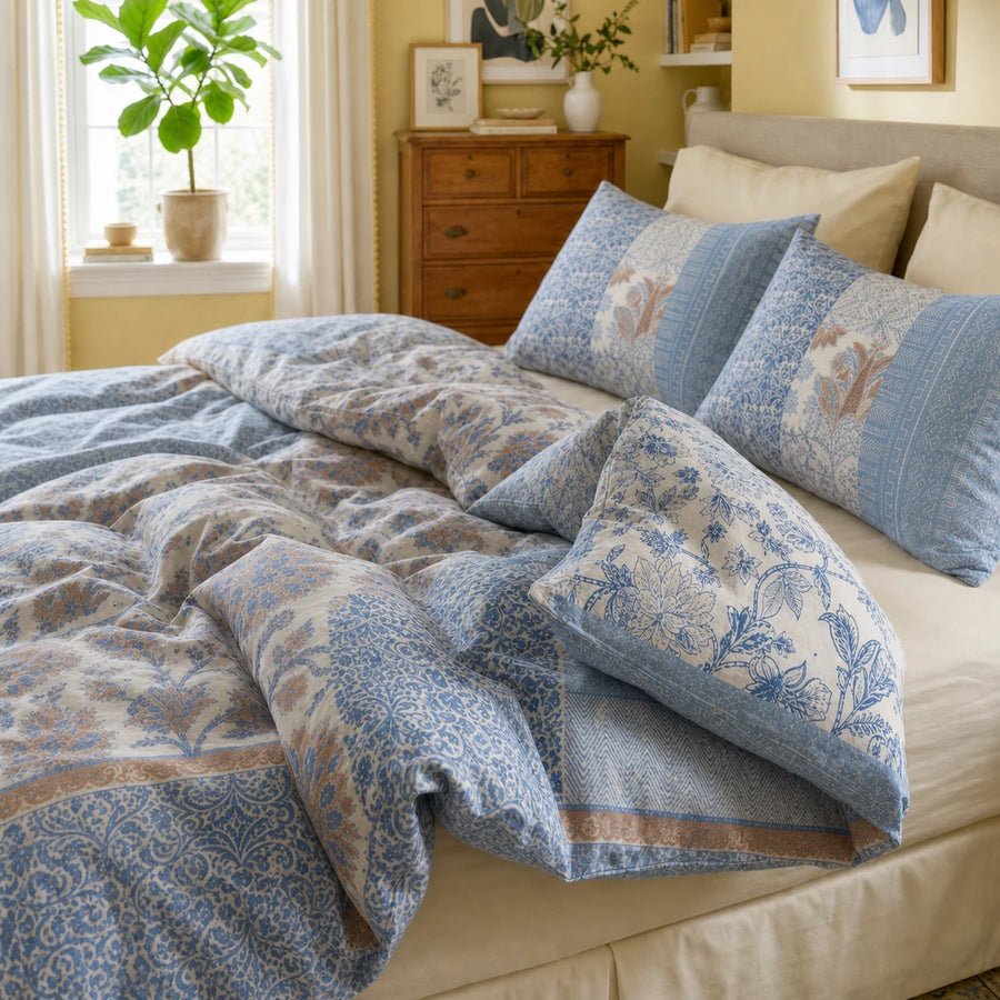 mediterranean patchwork duvet cover set yellow bedroom lifestyle