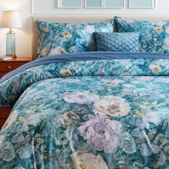 Close-up shot of the midnight blue comforter set with pillows