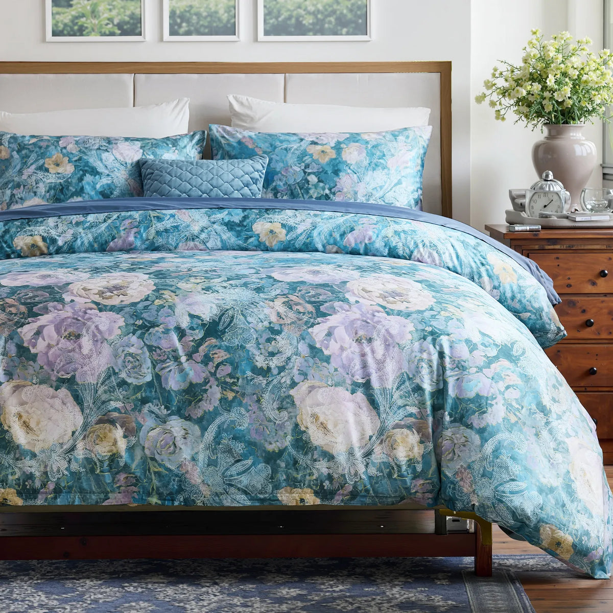 View of the floral comforter set styled in a light-colored bedroom