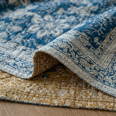 midnight gold floral cotton blanket bed setup