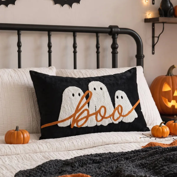 midnight halloween pillow cover ghost black white bedding bedroom