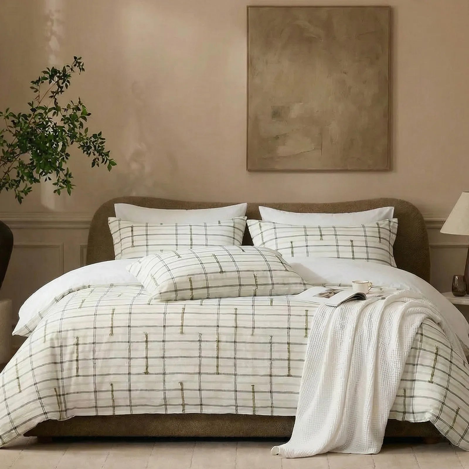 Front view of minimalist grid bedding set