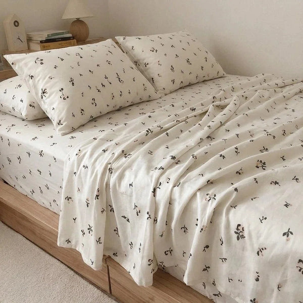 minimalist meadow sprig flat sheet drape wood bedframe