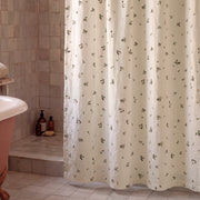minimalist meadow sprig shower curtain cream green terracotta tub corner