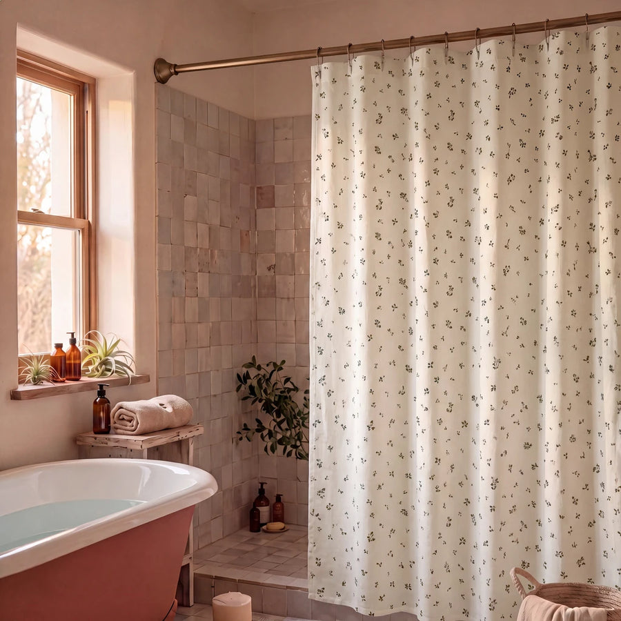 minimalist meadow sprig shower curtain cream terracotta tub beige tile bathroom