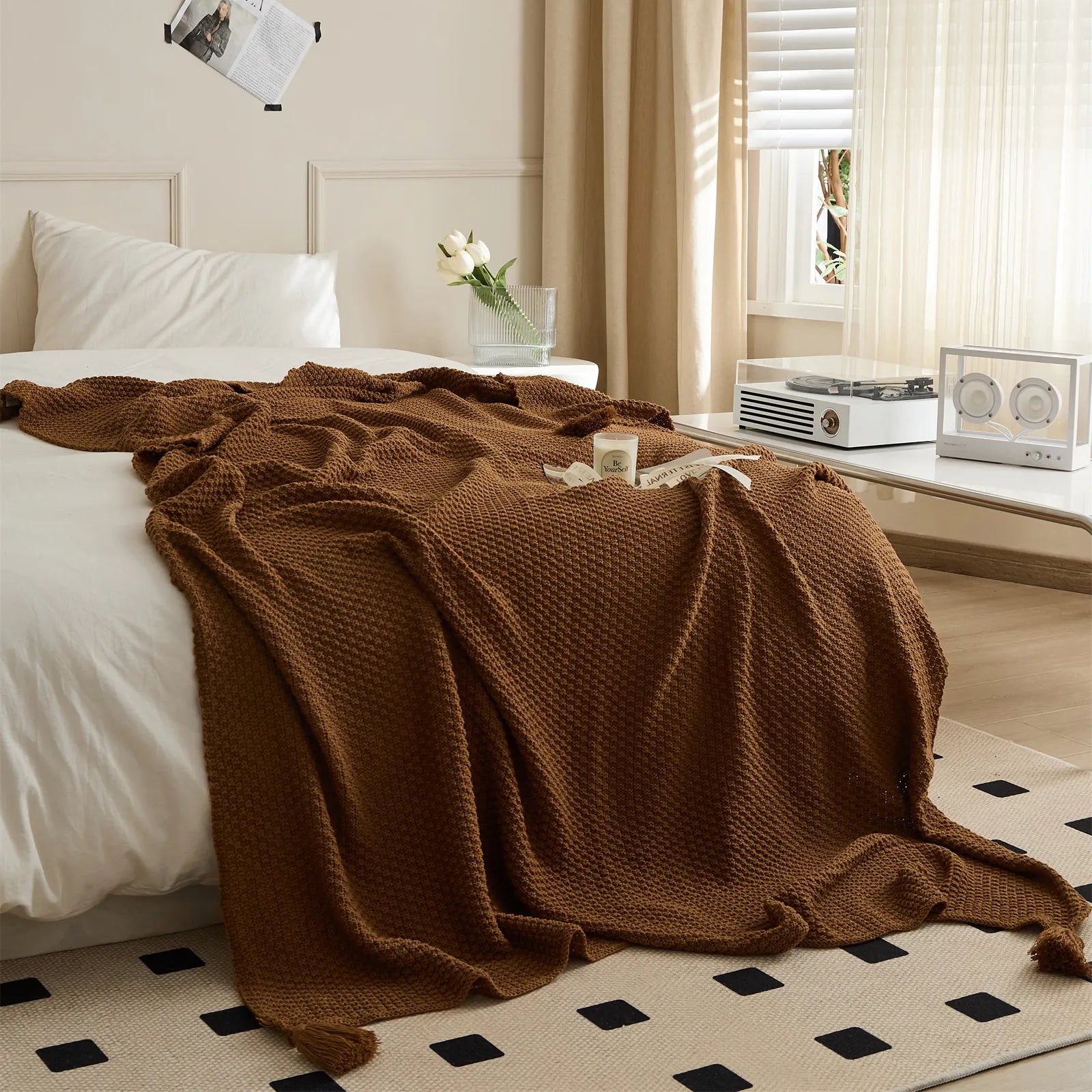 Mocha Knitted Throw Blanket Draped on Bed Showing Natural Fall