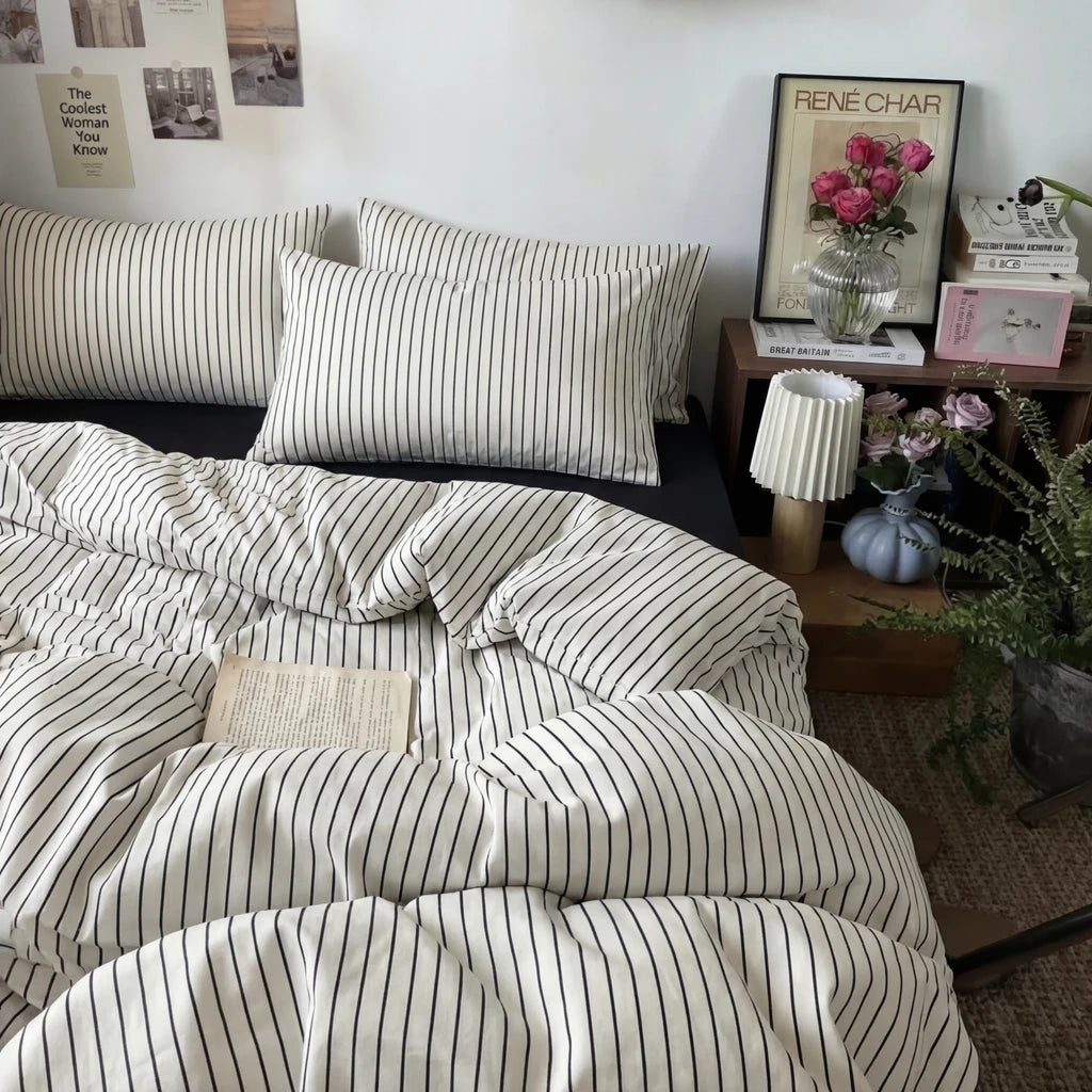 modern bedroom decor white pinstripe cotton bedding