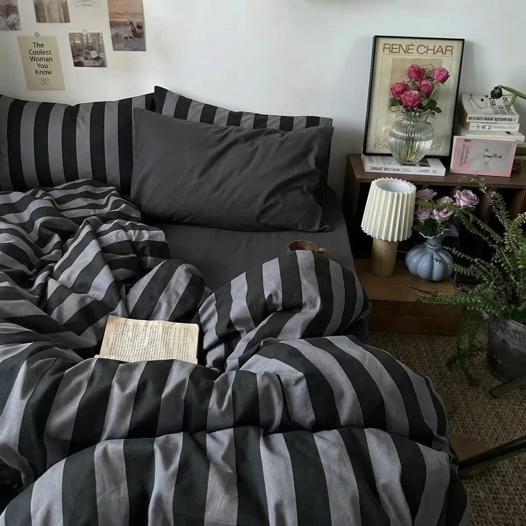 modern bedroom styling black striped cotton bedding