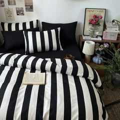 modern bedroom styling black white striped cotton bedding