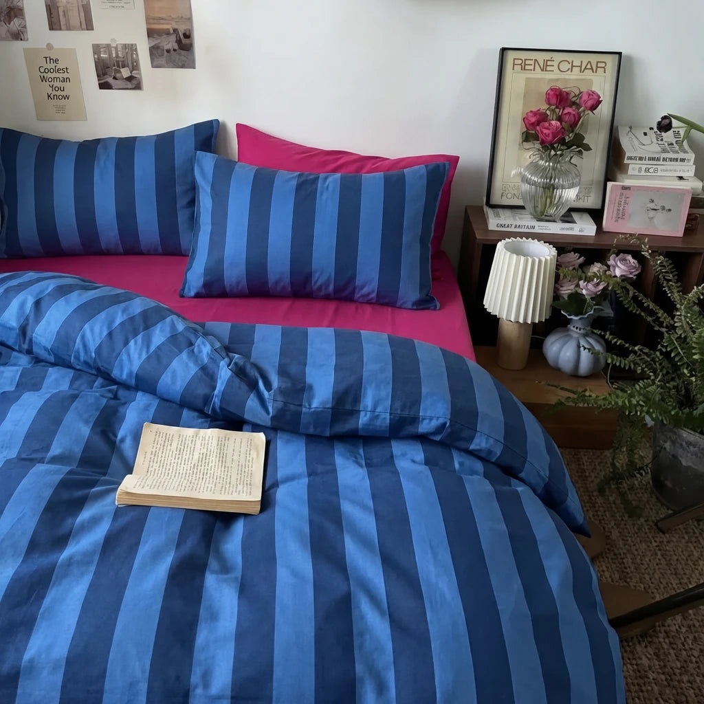 modern bedroom styling bold blue striped bed set