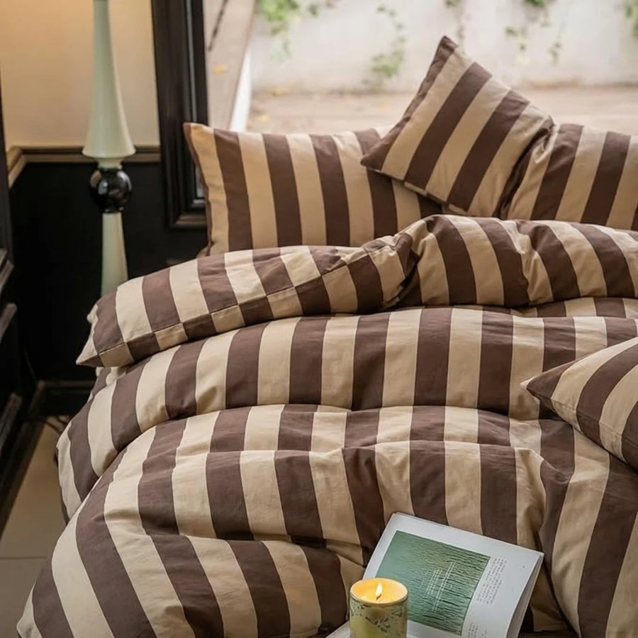 modern farmhouse coffee bold stripe bedding aesthetic