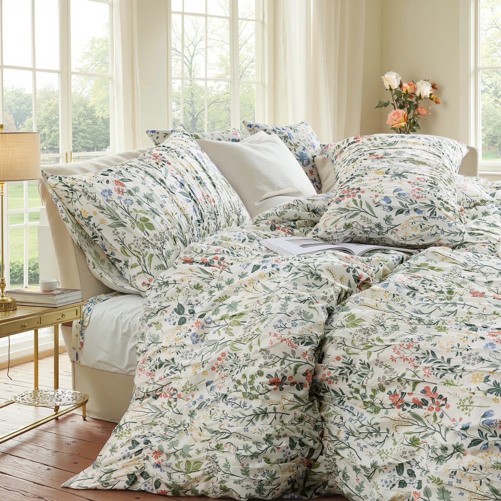 Multicolor floral cotton duvet set window side view