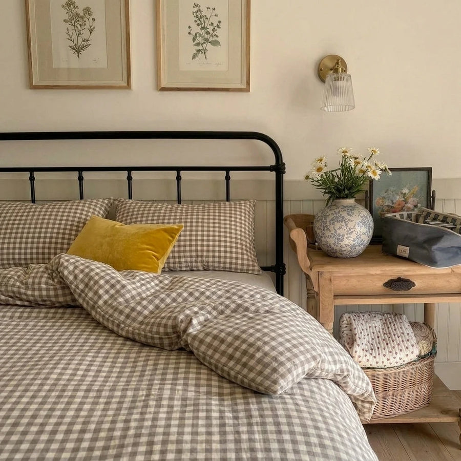 mushroom taupe gingham duvet cover set neutral check bedding main