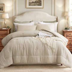 full view of natural french linen comforter set in a classic room