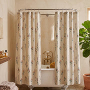 ochre thistle shower curtain yellow brass faucet clawfoot tub fiddle leaf