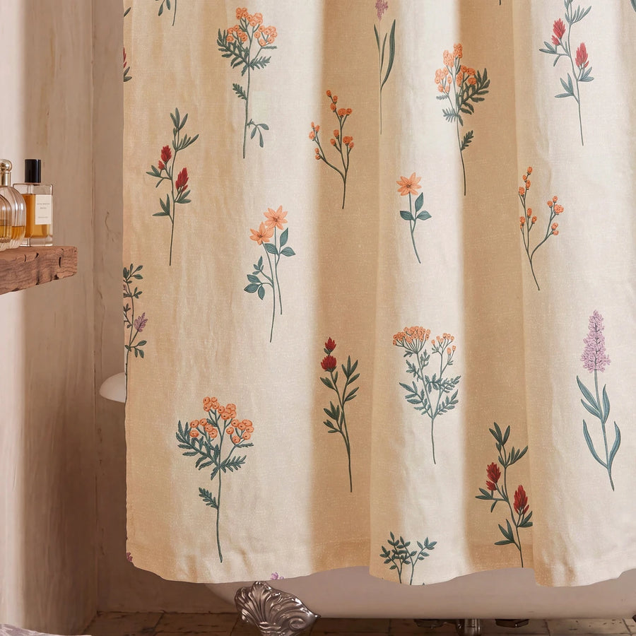 ochre thistle shower curtain yellow multicolor clawfoot tub detail