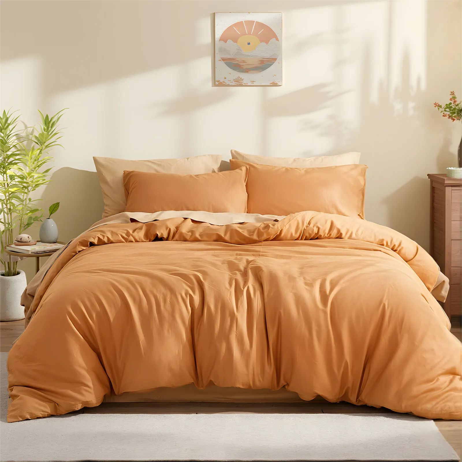 Front view of orange duvet showing texture and folds on sheets.