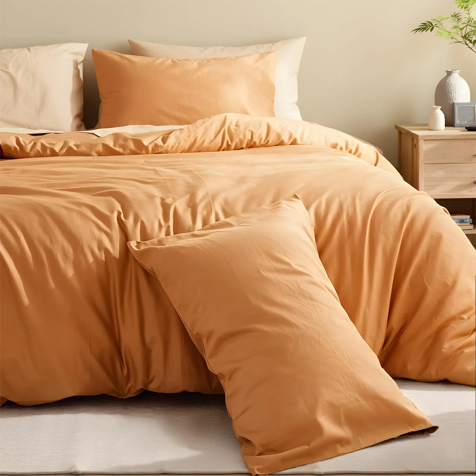 Orange solid duvet from right side with two pillows on bed.
