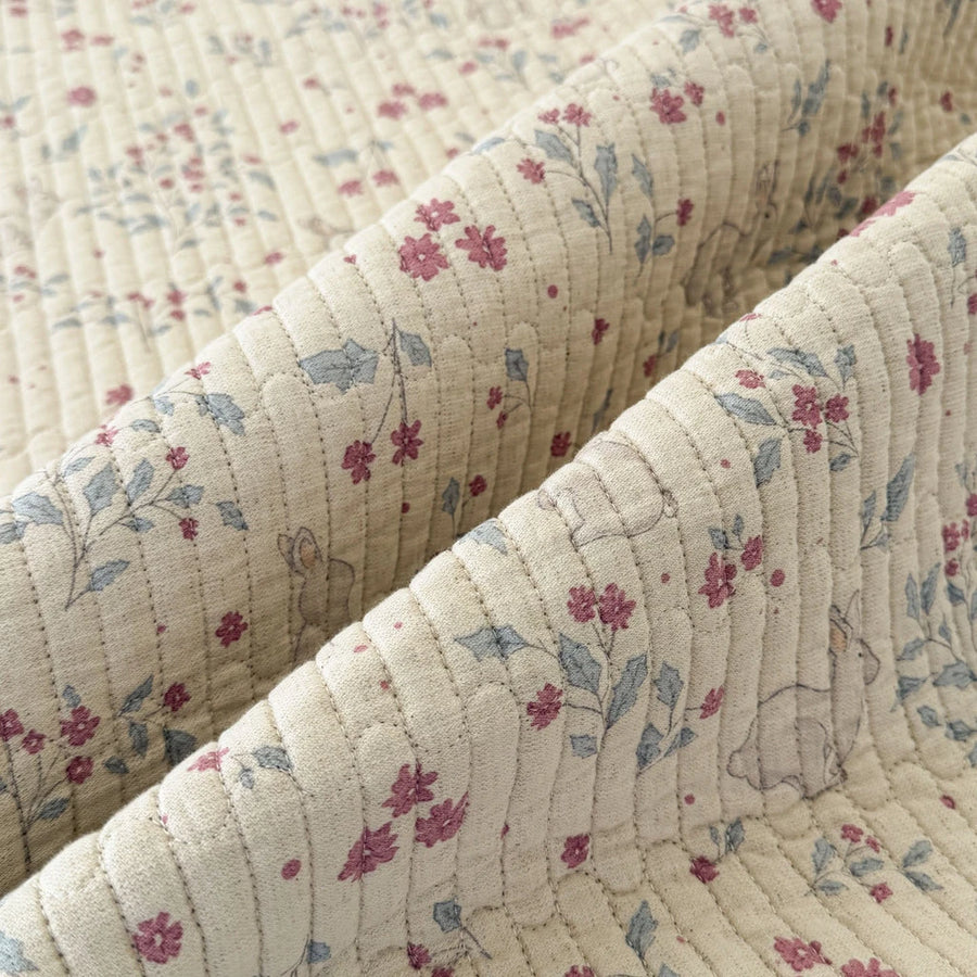 orchard flora washed cotton linen quilt dusty pink cream floral rabbit print close up