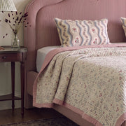 orchard flora washed cotton linen quilt dusty pink dark wooden nightstand pleated lamp