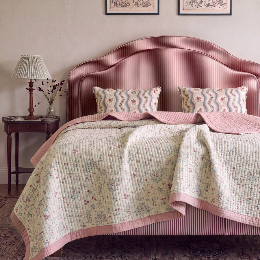 orchard flora washed cotton linen quilt dusty pink red striped headboard full bed