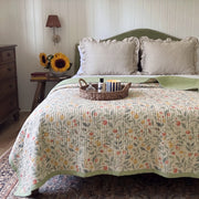 orchard flora washed cotton linen quilt sage green oatmeal ruffled pillows woven tray