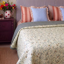 orchard flora washed cotton linen quilt slate blue plum nightstand blue ruffle pillows
