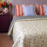 orchard flora washed cotton linen quilt slate blue plum nightstand blue ruffle pillows
