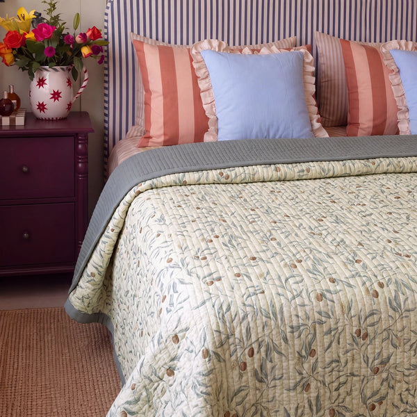 orchard flora washed cotton linen quilt slate blue plum nightstand blue ruffle pillows
