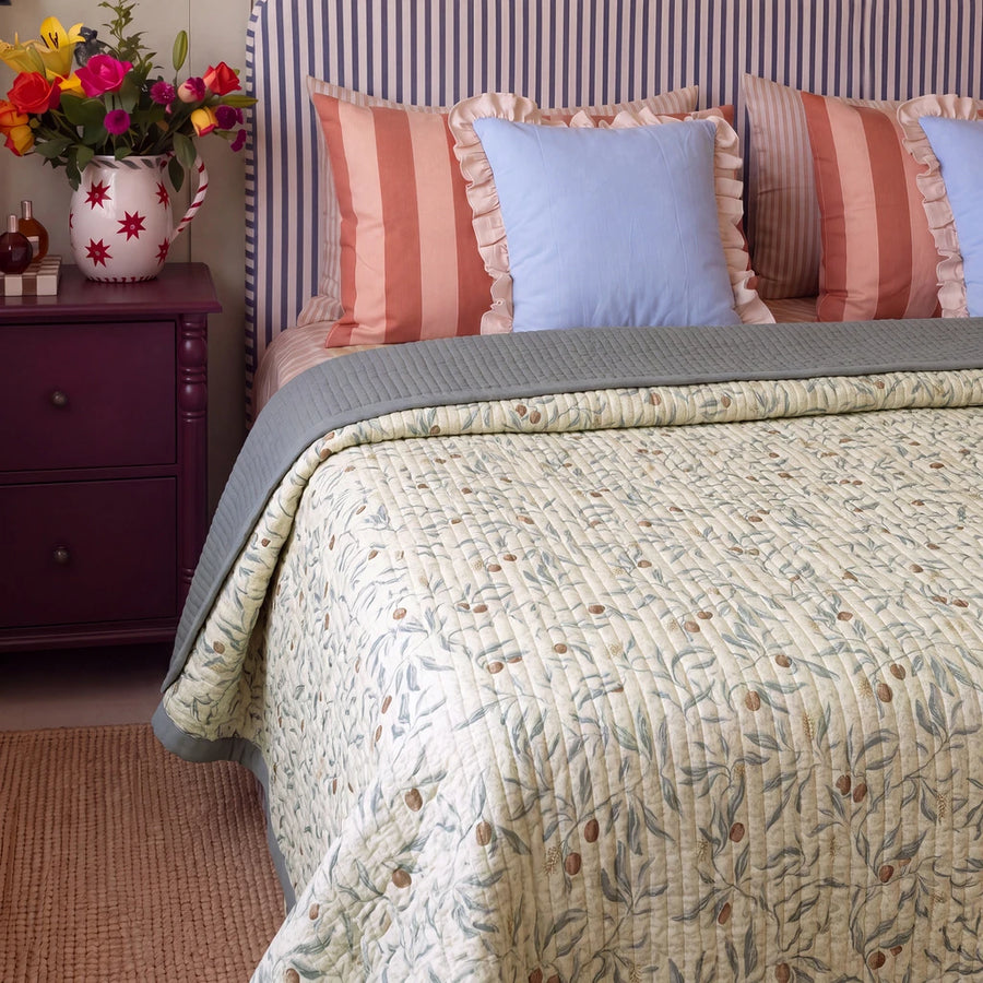 orchard flora washed cotton linen quilt slate blue plum nightstand blue ruffle pillows