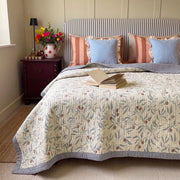 orchard flora washed cotton linen quilt slate blue striped headboard open book decor