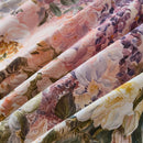 close-up of dramatic oil painting botanical floral fabric texture on premium cotton