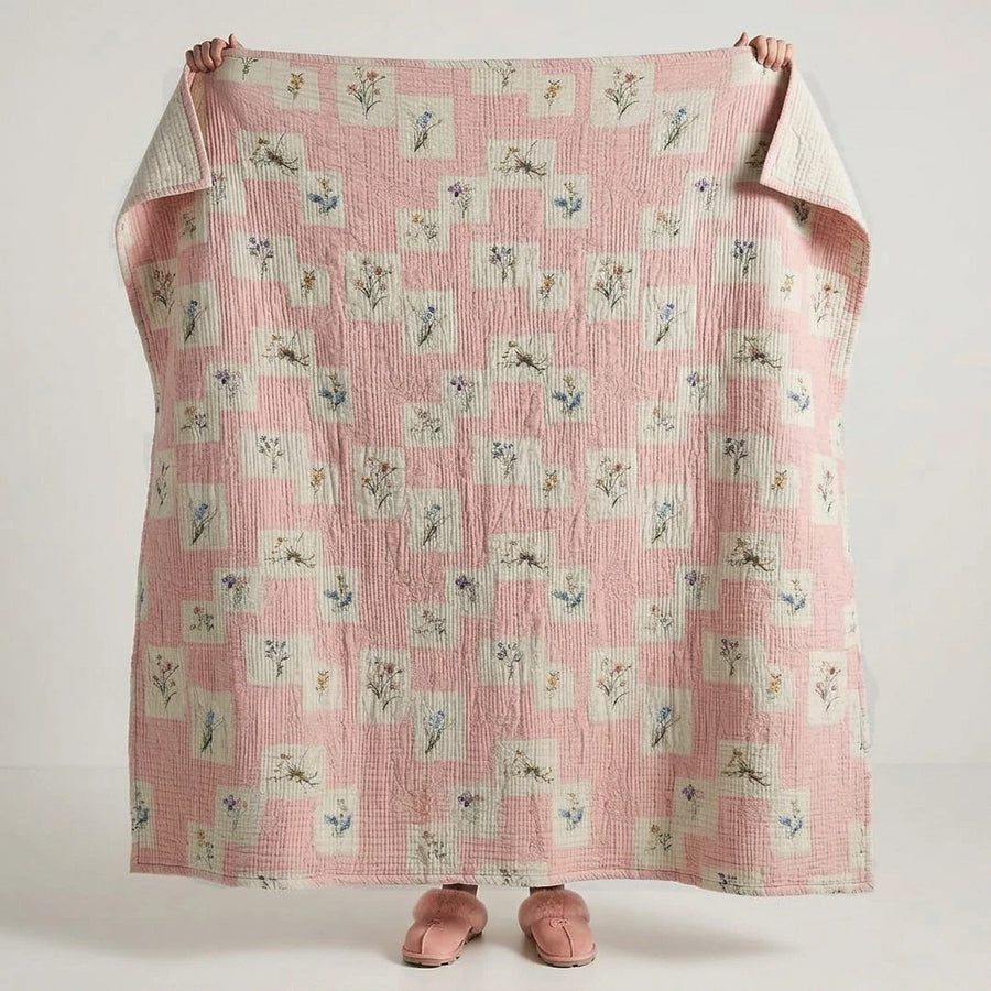 patchwork floral cotton blanket wildflower blush bedroom
