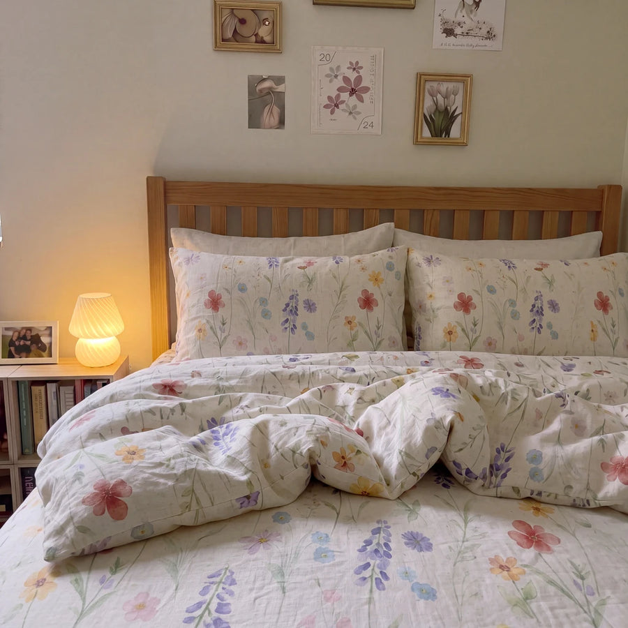 petal reverie floral duvet cover set pastel wildflower pillow shams warm light