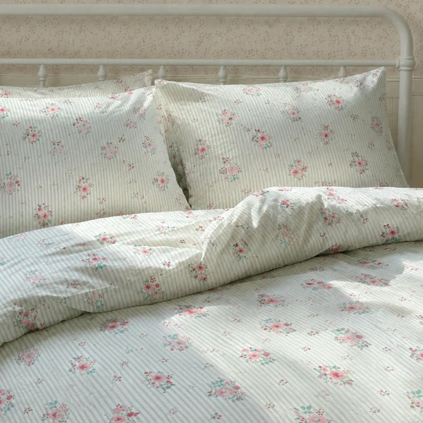 petite bloom floral stripe bedding soft lighting view