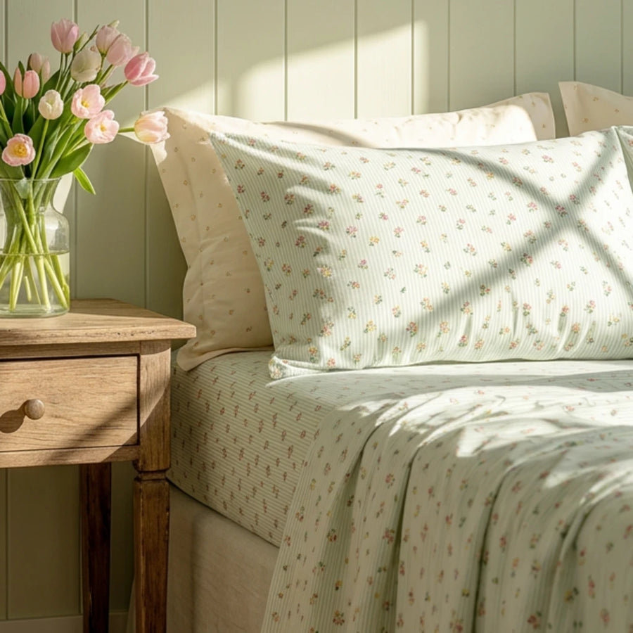 petite bloom pinstripe flat sheet fitted sheet set detail