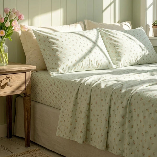 petite bloom pinstripe sheet set sage green floral bedding