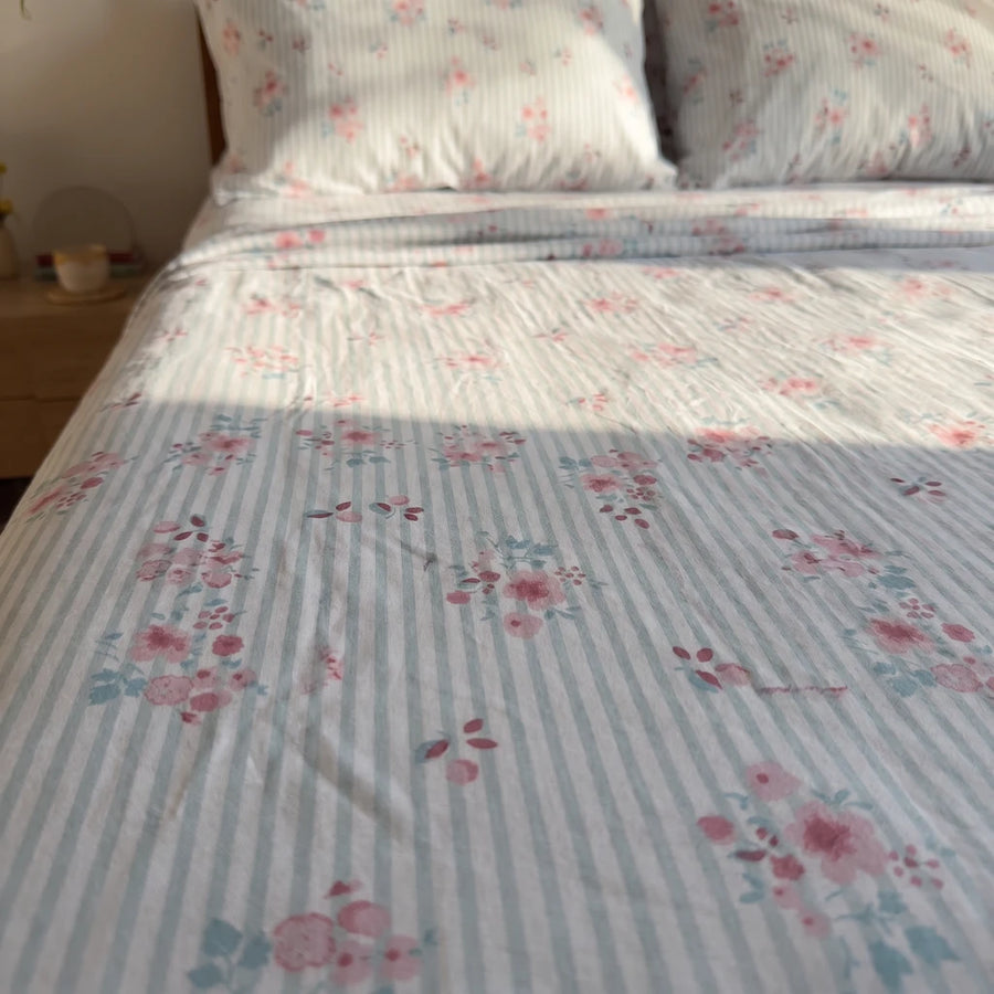 petite bloom pinstripe sheet set soft focus texture
