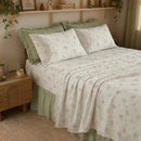 petite bloom pinstripe sheet set with sage green ruffled bed skirt