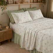 petite bloom pinstripe sheet set with sage green ruffled bed skirt
