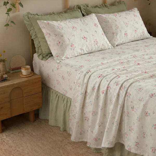 petite bloom pinstripe sheet set with sage green ruffled bed skirt