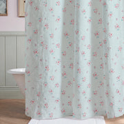 petite bloom pinstripe shower curtain blue pink clawfoot tub green wainscoting